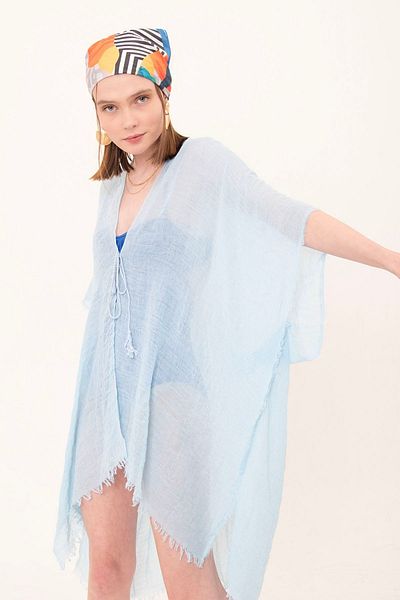 laughs Pareo kimono lung din bumbac albastru pentru femei - Detaliu cu șireturi Pr11200