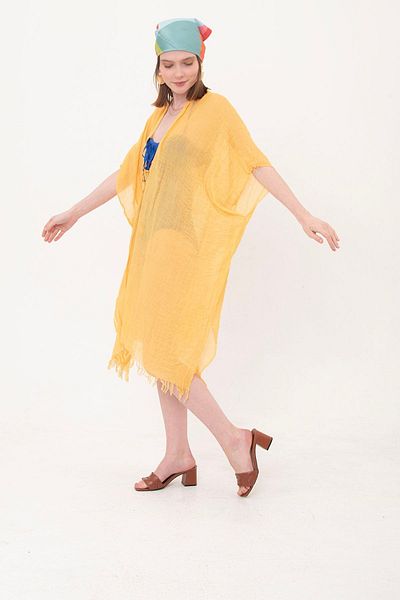 laughs Mustard Cotton Long Kimono Pareo - Tied, Pr11200