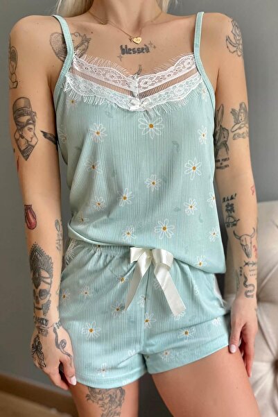 Pijamaevi Green Daisy Lace Detailed Rope Strap Knitted Pajama Set with Shorts