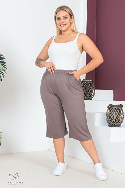 tarzımsüper Women's Large Size Elastic Waist Comfort Model with Pockets Comfortable Fit Lycra Cotton Wide Leg Capri