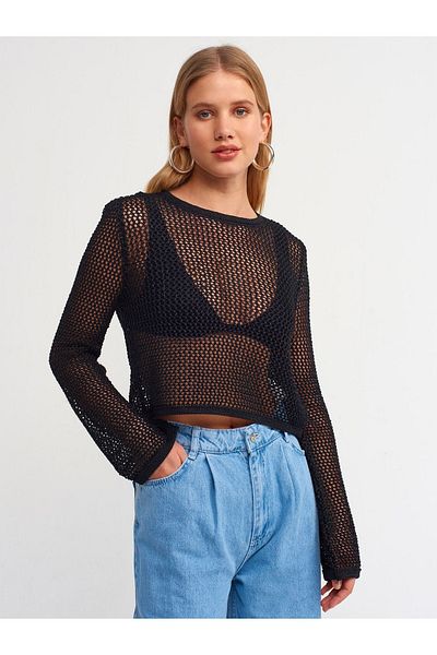 Dilvin 10350 Πουλόβερ με ανοιχτόχρωμο σχέδιο Glitter Crop-μαύρο