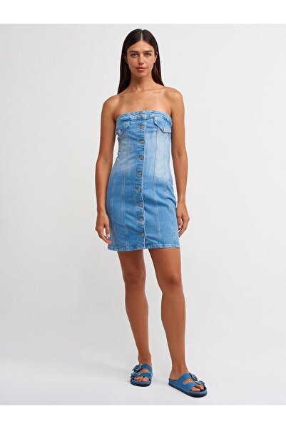 Dilvin 90525 Arka Bölümü Lastikli Mini Elbise-Mavi