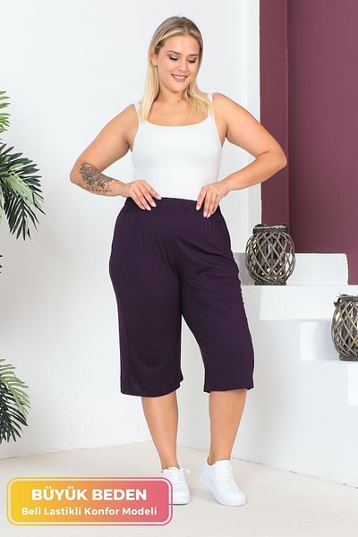 tarzımsüper Women's Large Size Elastic Waist Comfort Model with Pockets Comfortable Fit Lycra Cotton Wide Leg Capri