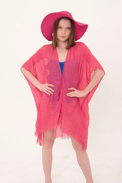 laughs Fuchsia Cotton Long Kimono Pareo - Tied Design Pr11200