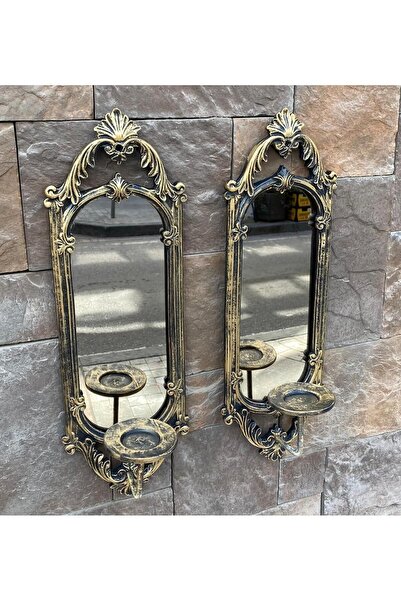 Peramari Dekoratif Polyester İkili Niş Dikdörtgen Aynalı Mumluk Takımı Gold Eskitme