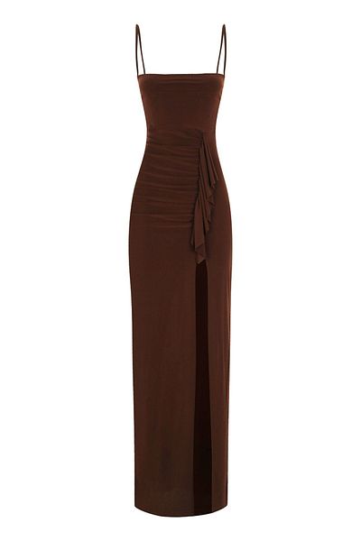 Whenever Company Brown Thin Straps Deep Slit Side Ruffle Detailed Long Dress