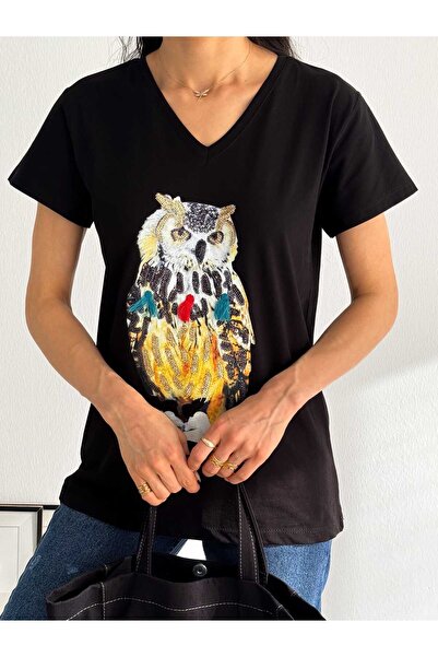 Laderra Pul Payet Kadın V Yaka T-Shirt Baykuş Desenli Pullu Siyah T-Shirt