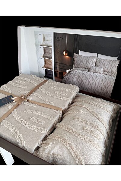 Butikhome by Egemar Astor Stone Colored Tassel Pattern Chenille Embossed Bed Cover Set - Modern and Simple Luxury 4 Pc