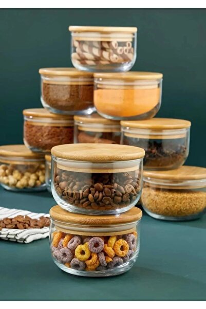 MİEN 6 Pieces Glass Storage Container with Bamboo Lid, Spice Bowl, Breakfast, Set of 6 380 Ml