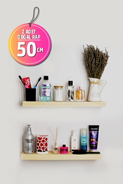 Loolpi Home - 2'li Kalın Duvar Rafı Doğal Ahşap Dekoratif Çok Amaçlı 50 Cm Uç...