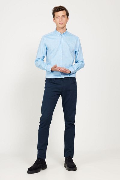 AC&Co / Altınyıldız Classics Cămașă Dobby Slim Fit pentru bărbați din in albastru - Guler cu nasturi