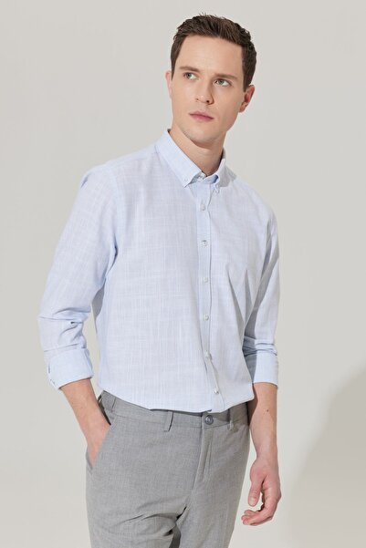 ALTINYILDIZ CLASSICS Erkek Mavi Slim Fit Dar Kesim Düğmeli Yaka Keten Görünümlü %100 Pamuk Flamlı Gömlek