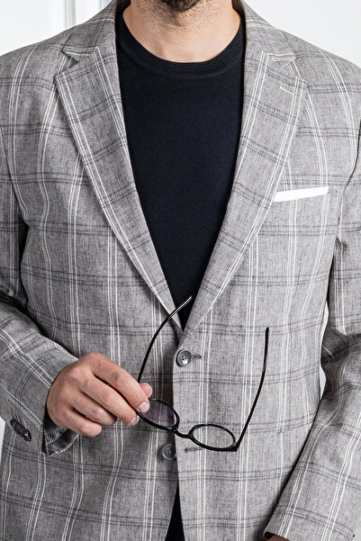 Sarar İnterview Sarar Matteo Mono Yaka Slim Fit Kareli Gri Ceket