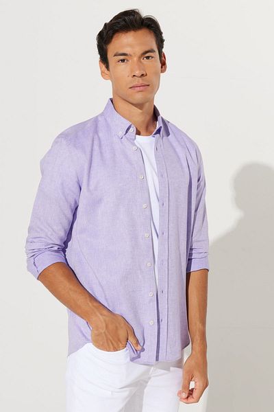 AC&Co / Altınyıldız Classics Lila Slim Fit Dobby-Hemd aus Leinen – Slim Fit, geknöpfter Kragen
