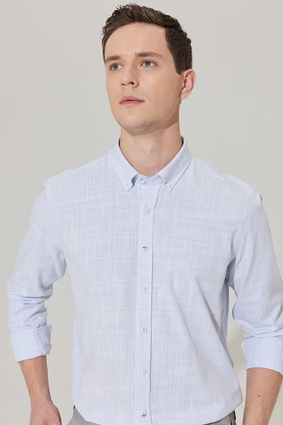 ALTINYILDIZ CLASSICS Men's Blue Slim Fit Narrow Cut Button Collar Linen Look 100% Cotton Flared Shirt