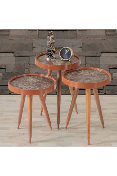 İnegöl Sehpa Casalty Ahşap 3'lü Yuvarlak Zigon Sehpa Ceviz Içi Çerçeveli