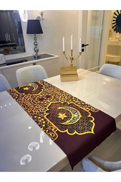 Ayd Home Runner Ramadan Bear Burgundy Gold 43X140Cm Ramadan Table Eid Kareem Iftar Table Mubarak Sahur