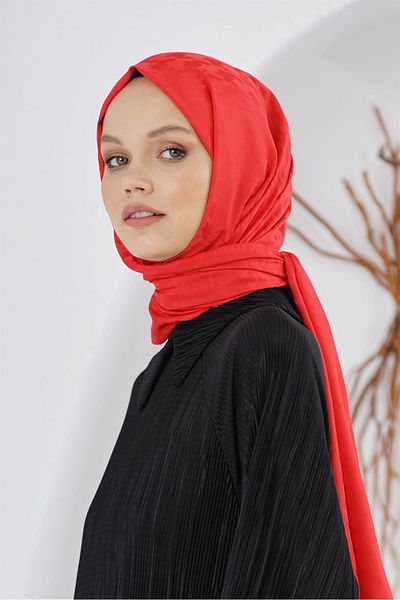 Loryan Red Silky Jacquard Shawl - Houndstooth Pattern