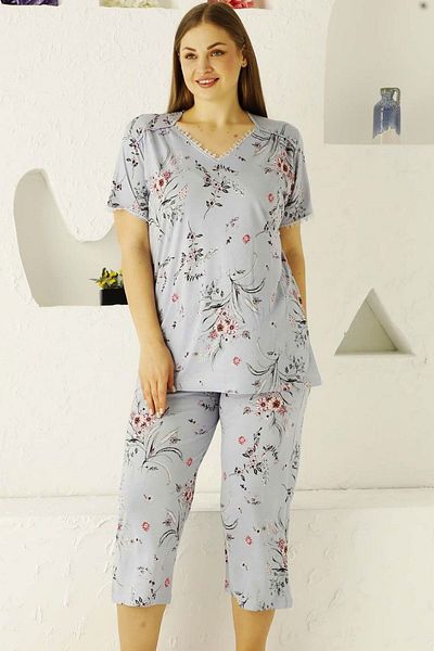 ALİMER Light Blue Floral Print Large Size Bermuda Pajamas Set - V-neck, Short Sleeve EDY2704B-MV