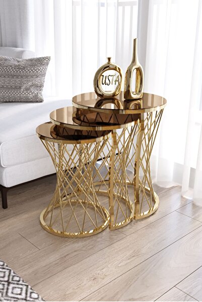 usta mekan Hasır Telli Zigon Sehpa Gold-bronz (iç Içe Geçen)