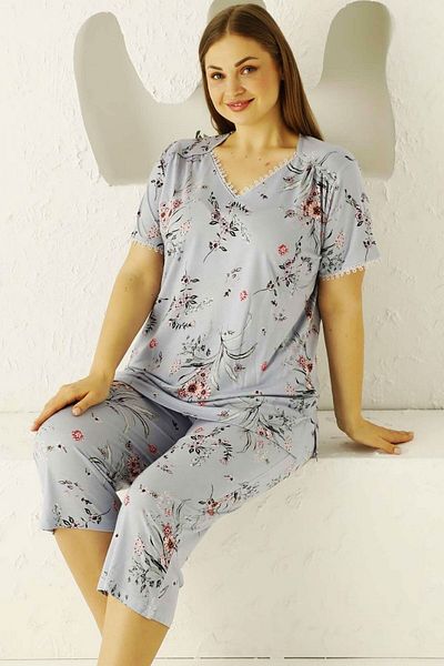 ALİMER Light Blue Floral Print Large Size Bermuda Pajamas Set - V-neck, Short Sleeve EDY2704B-MV