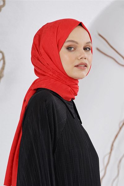 Loryan Red Silky Jacquard Shawl - Houndstooth Pattern