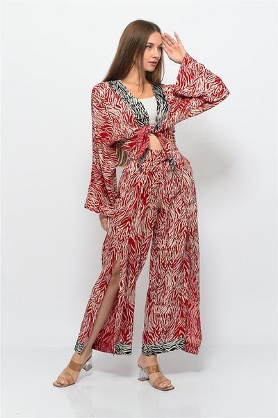 Nuseel Patterned Pareo Pants & Crop Kimono Red-Cream