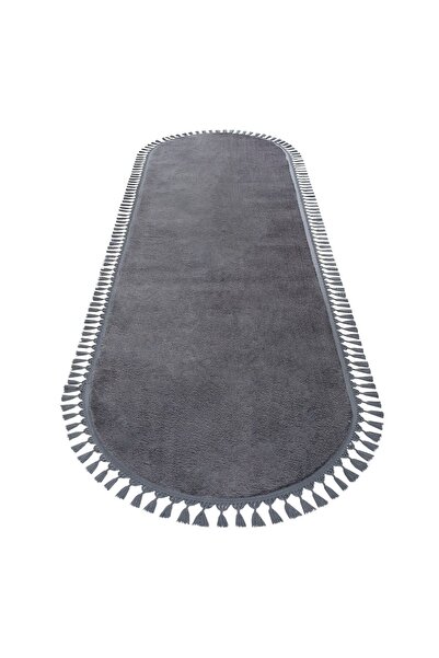 Azelya Home Oval Puffy Peluş Ponpon Saçaklı Kesme Rulo Halı/yolluk Antrasit Azl