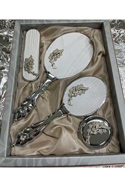 CAMOMILE Hediyelik Simli Beyaz Ayna Tarak Takımı Elbise Fırçası Bohça Çeyiz Seti