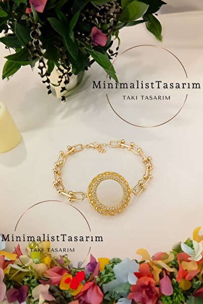 MinimalistTasarım Yarım Altın Çerçevesi Bileklik Yarım Altın Takılan Bileklik,yarım Altınlı Bileklik,çeyrekli Bileklik