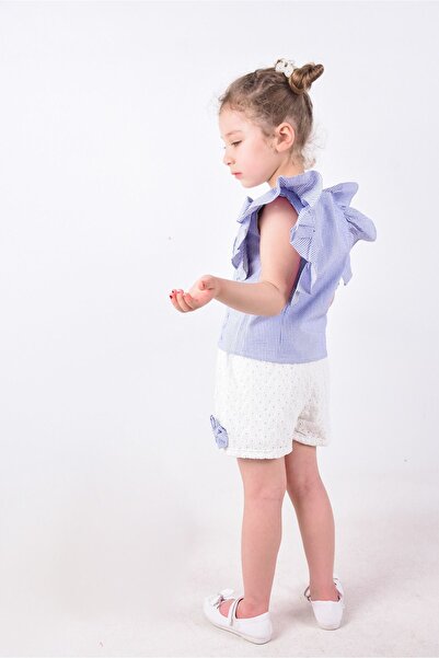 melek golden Kız Çocuk takım Yazlık Çizgili fırfırlı Gömlek Ve Nakışlı Şort Takımı