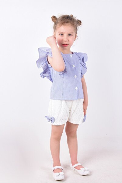 melek golden Kız Çocuk takım Yazlık Çizgili fırfırlı Gömlek Ve Nakışlı Şort Takımı