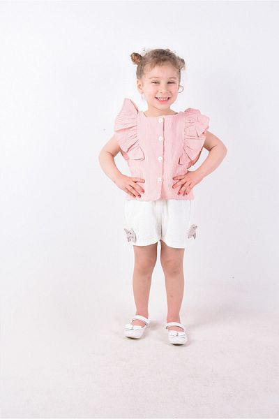 melek golden Girl's Set Summer Striped Ruffle Shirt and Embroidered Shorts Set