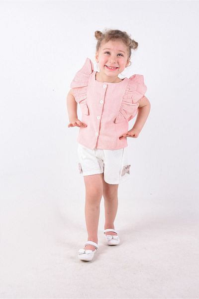 melek golden Girl's Set Summer Striped Ruffle Shirt and Embroidered Shorts Set