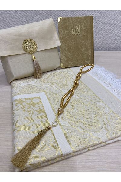 AYHANHOME Set of 4 Gift Dowry Prayer Rug, Yasin, Prayer Beads, Prayer Rug Set with Shantuk Bag