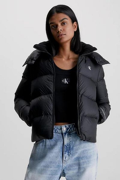 Calvin Klein Women's Regular Cut Stand Up Collar Removable Hooded Goose Down S with Brand Logo on Chest and Cuff
