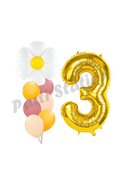 Parti Station 3 Years Old Daisy Balloon Set - Spring Concept and Birthday Party