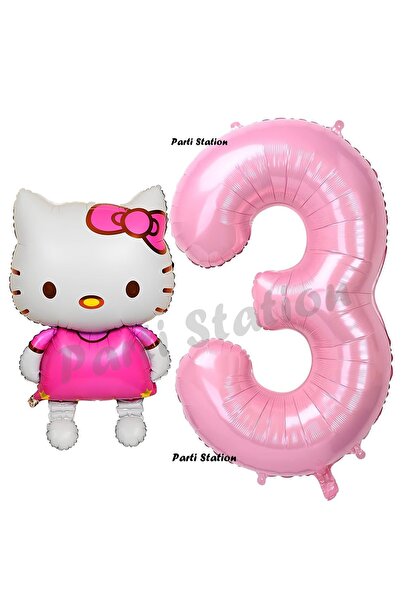 Parti Station Hello Kitty 3 Yaş Balon ve Pembe Rakam Balon Doğum Günü Parti S...