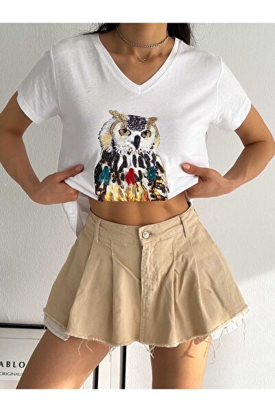 Laderra Γυναικείο T-Shirt με μοτίβο κουκουβάγιας V-Neck με παγιέτες - Λευκό