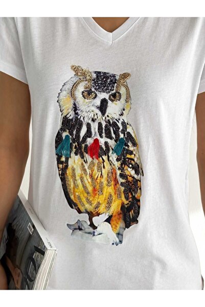 Laderra Γυναικείο T-Shirt με μοτίβο κουκουβάγιας V-Neck με παγιέτες - Λευκό