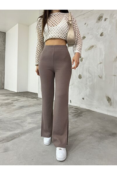 CNRCollection Kadın Vizon Lastikli Yüksek Bel Yumuşak Kumaş Bol Paça Salaş Rahat Kesim Yırtmaçlı Pantolon