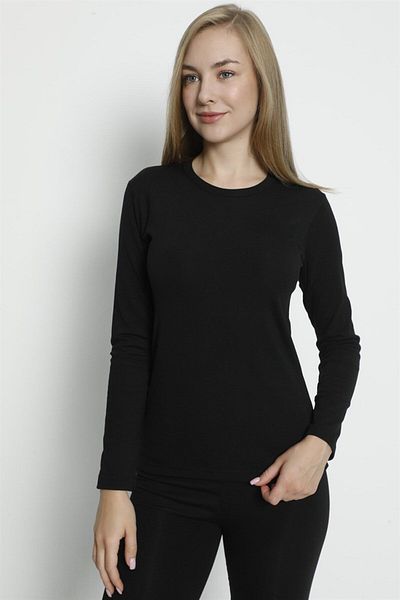 marmara qumasch Women's Black Rib T-Shirt - Long Sleeve, 100% Cotton