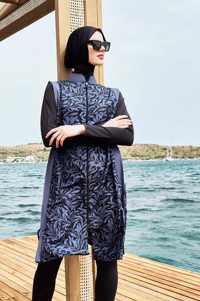 Haşema Σετ μαγιό Hijab 5 τεμαχίων με λεπτομέρεια ρίγες και μαύρο 3096