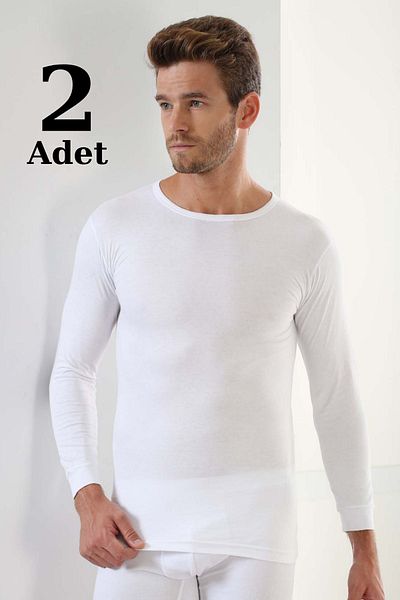 marmara qumasch Men's Crew Neck White T-shirt - Pack of 2, Long Sleeve, 100% Cotton Rib