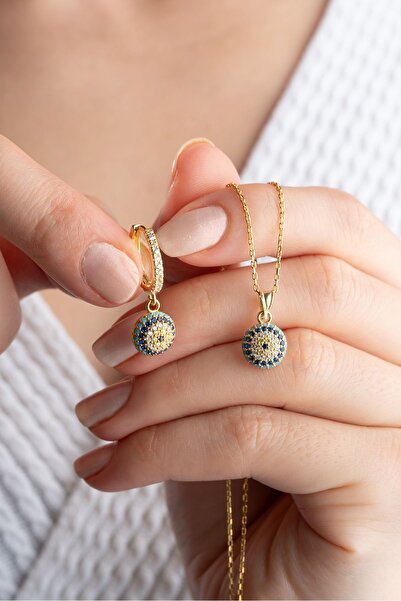 Silvano Jewelry 925 Ayar Gümüş Göz Nazarlı Kolye Küpe Seti