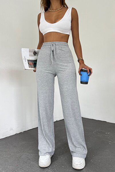 Sun Victoria Dámské šedé kalhoty Palazzo s žebrovanou širokou košilkou pro volný čas