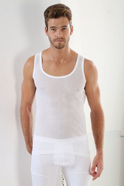 marmara qumasch Men's Premium White Mesh Tank Top - 100% Cotton, Economical Pack of 3