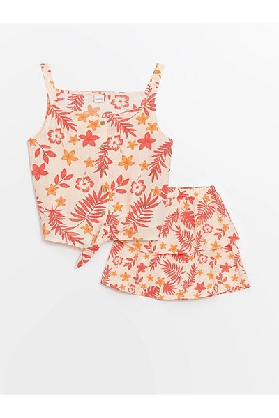 LC Waikiki LCW Kids Square Neck Floral Girls' Blouse and Skirt