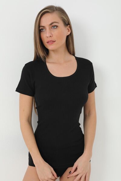 marmara qumasch تي شيرت نسائي أسود - كم قصير، 100% قطن، مضلع