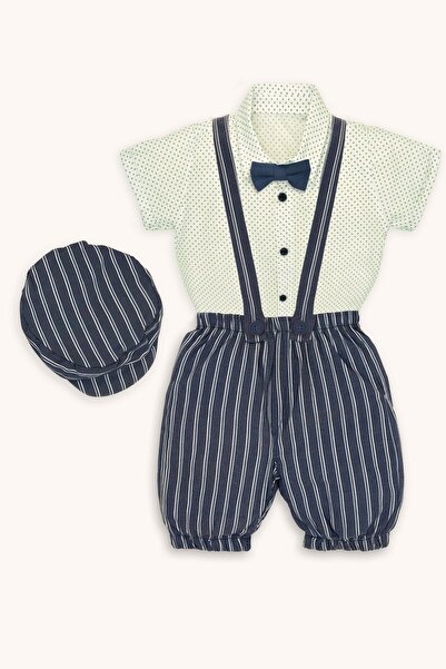 bebizu Papyonlu Gömlek Çizgili Şapkalı Şort Salopet Takım